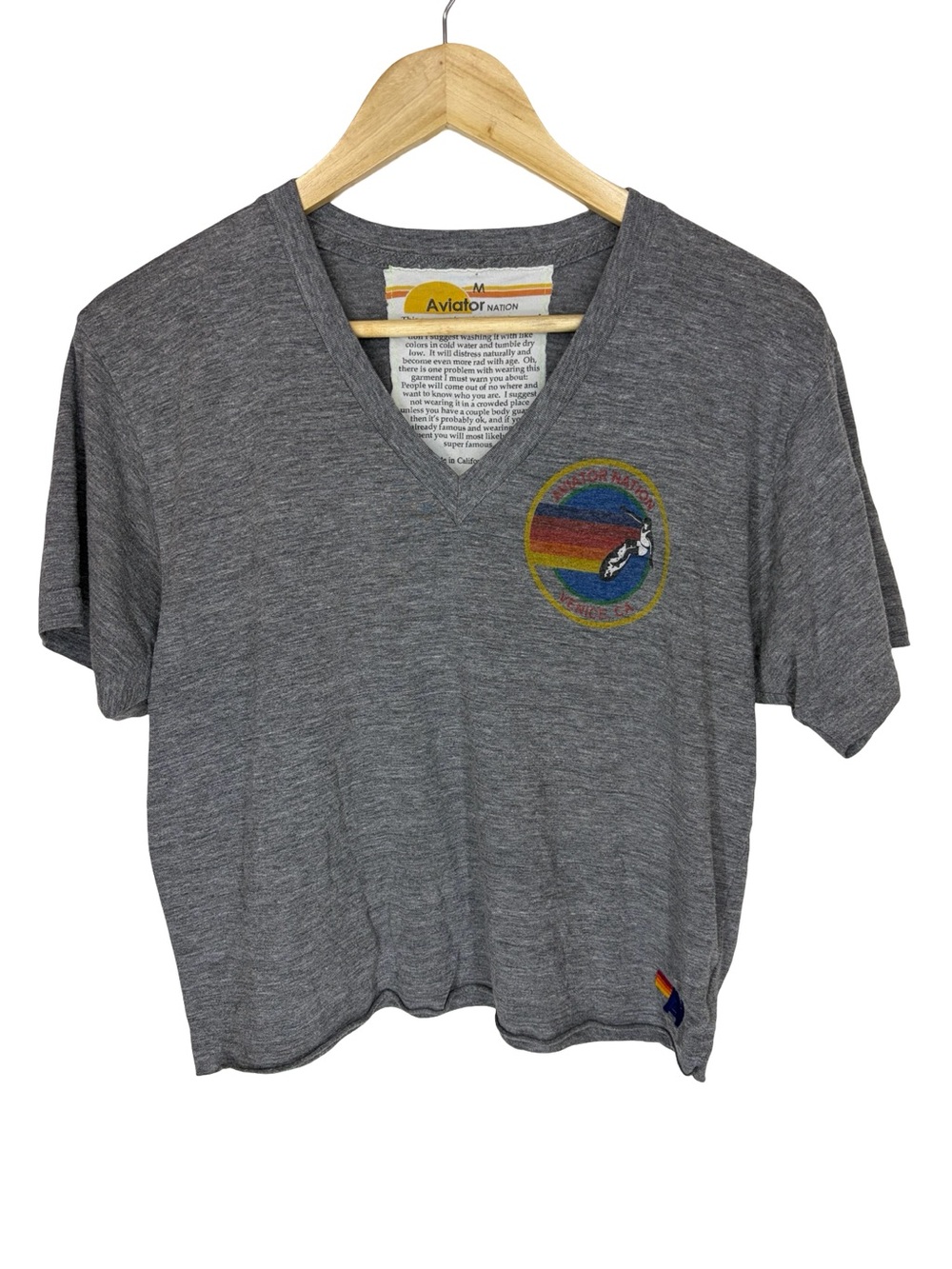 Aviator Nation Heather Gray cropped V-Neck Tee with Rainbow Patch medium